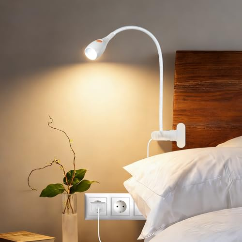 Acegoo Lampe de Lecture Minimaliste à Clipser pour Tête de Lit, Lampe de Lecture à Intensité Variable, Lumière Ambre 3000K avec Adaptateur USB-C, Col de Cygne Flexible et Interrupteur Pratique sur la