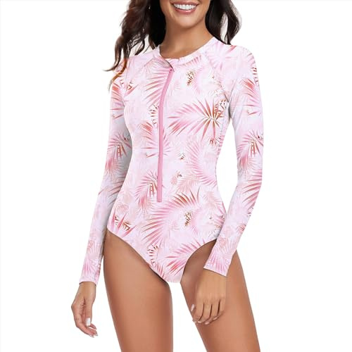Zando Womens Long Sleeve Swimming Costume UPF 50+ Zip Up Rash Guard Swimsuit One Piece Floral Surf Bathing Suit for Beach Pool Holiday, Pink Leaves, S