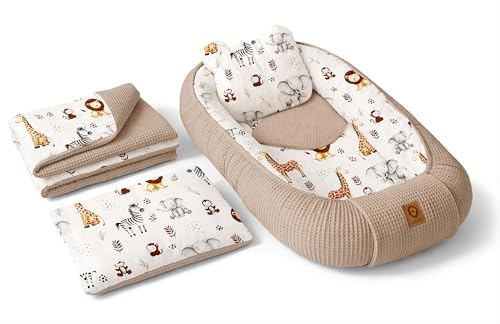 Babynest Nestchen Baby Set für Neugeborene – 5-teilig – Kuschelnest aus 100% Baumwolle & Waffelpique – Babykokon tragbar – für Babybett, Kinderbett & Kinderwagen – OEKO-TEX - ZOO und Braun