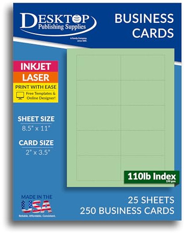 250 einfarbige grüne Visitenkarten, 8,9 x 5,1 cm, bedruckbare, farbige Blanko-Visitenkartenbögen, mikroperforierter Karton, Visitenkarten, 50 kg Index (199 g/m²) für Tintenstrahl-Laserdrucker, 10