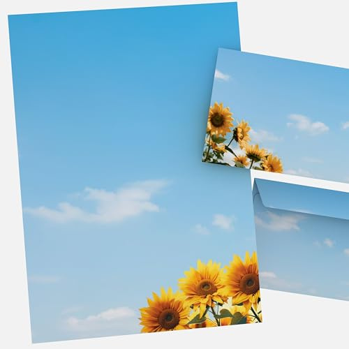 Briefpapier Set mit Umschlägen „Sonnenblumen“ – 100 Teile: 50 Blatt Motivpapier DIN A4 & 50 Briefumschläge DIN LANG – florales Design für Briefe
