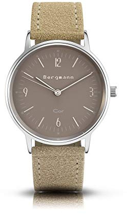 Bergmann Damen Herren Armbanduhr COR Silber Analog Quarz sandfarbenes Zifferblatt sandfarbenes Wildlederarmband