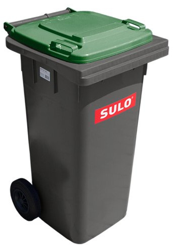 Cubo de basura 2 ruedas, contenedor a basura SULO 120 L, gris con cubierto verde (22147)