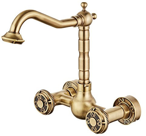 YAWEDA Grifo de la cocina en la pared, antiguo grifo de la cocina del fregadero de cocina, lavabo Ollas, caliente y frío, los grifos de plomo Esta rotativo, antiguos grifos de bronce