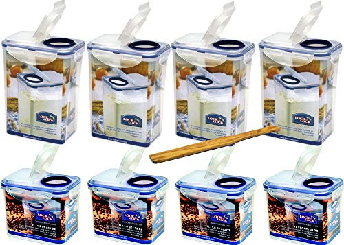 Lock&Lock Frischhaltedosen-Set Schüttdosen-Set gleiche Deckel 8-teilig (4x Schüttbox 1,8L, 4x Schüttbox 1,L) und SeleXions Multifunktion Olivenholz-Spachtel