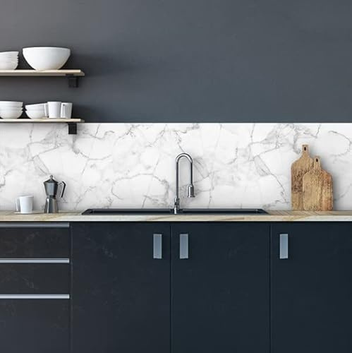 Crédence adhésive cuisine PVC 190_x_60_cm marbre blanc Rouleau adhesif decoratif 100% fabriqué en Italie, avec encre non toxique, ignifuge et résistant à l'eau