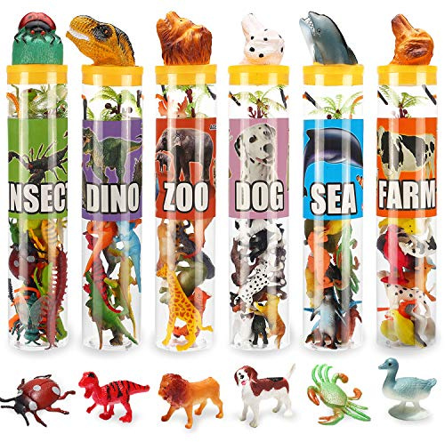 82 Piece Animal Toy, Assorted Mini Dinosaur Insect Ocean Sea Farm Jungle Animal Dog Figure, Realistic Vinyl Plastic Zoo Play Set, Small Toys for Sensory Bin Cupcake Topper Party Favors