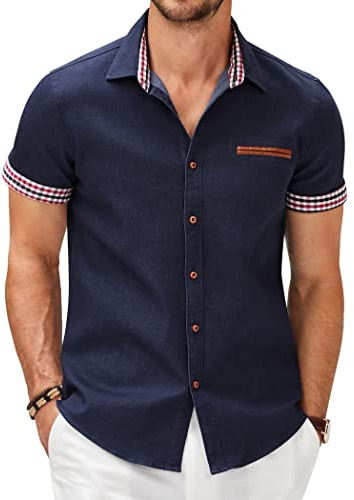 COOFANDY Regular Fit Cowboy Summer Shirts for Men Short Sleeve Button Down Shirt, Navy Blue, Medium
