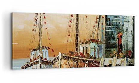 Panorama Bilder auf Leinwand 100x40cm Leinwandbild mit Rahmen Kutter Hafen Öl Groß Wanddeko Bild Schlafzimmer Küche Wandbilder Dekoration Wohnzimmer Wall Decor Canvas Wand Kunstdruck Art AB100x40-4216