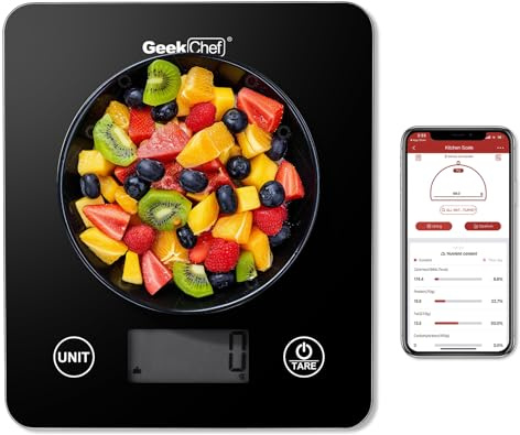 Geek Chef Digital Scale with App, Scale for Food Weight, Smart Food Nutrition Scale, Digital Kitchen Scales, Cooking Tool of Kitchen,1 lb/oz Black Glass
