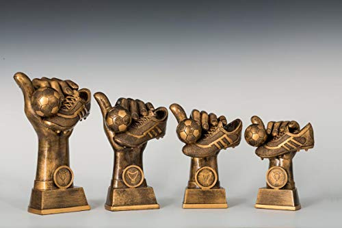 eberin · Fussball-Pokal, Massive Resinfiguren Fussball, altgold, mit Wunschtext und auswählbarem Motiv-Emblem 2,5 cm, wählbar in 4 Größen, oder als 4er-Serie