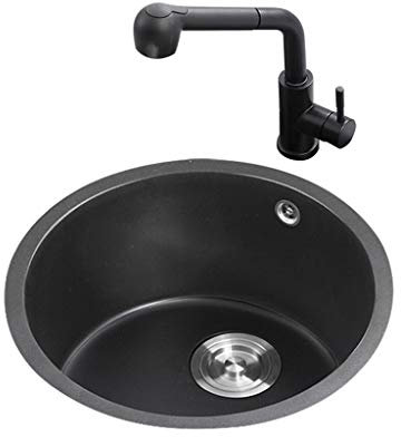 Lavello da cucina Lavabo rotondo in pietra di quarzo nero con foro di troppopieno Installazione sul palco/fuori scena Sistema di drenaggio del deodorante