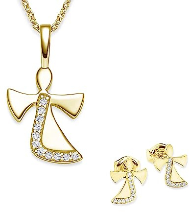 Schmuckset Mädchen Gold (Silber 925 vergoldet) Engel Kette Kommunion | Geschenke für Mädchen Schmuck Schutzengel Kette Kinder Geschenke Taufe Geschenke zur Geburt Kinderkette Halskette Ohrringe
