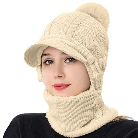 Rayson Kapuzenschal Damen Wintermütze mit Schirm Fleece Gefüttert Strickmützen 3 In 1 Verstellbarer Gesichtsschutz Balaclava für Damen(Beige, Einheitsgröße)