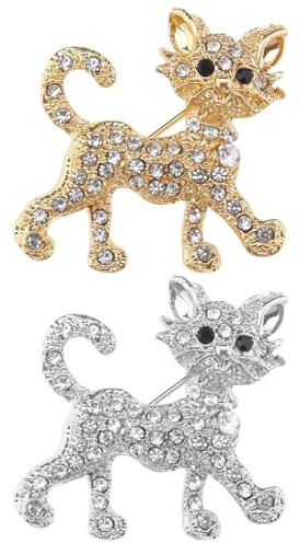 The Lord of the Tools 2pcs Broche Chat Incrustée de Diamant Broche Chat en Cristal Broche Chat Strass Alliage Strass Broche de Vêtements en Forme de Chat Broche, Or et Argent