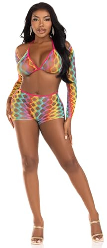Leg Avenue 3 Pezzi Arcobaleno Hardcore Reggiseno a Rete Top, scrollate di Spalle, e Pantaloncini da Ragazzo, Multicolore, Taglia Unica