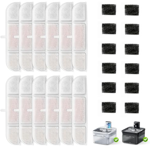 Filtro para Fuente de Gato, 12 Filtros and 12 Esponjas, Resina de Intercambio Iónico Activada, Piedra Mendicina, Filtración de Cuatro Capas para Fuente de gatos de 2.5 L sin cable detector DPWFP6