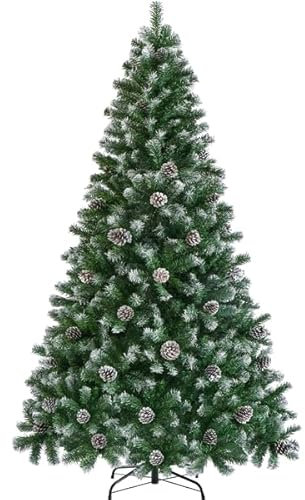 Yaheetech Albero di Natale 183 cm Artificiale Innevato con Pigne 920 Rami Incernierati Effetto Realistico con Supporto Metallo Pieghevole Decorazioni Natalizie