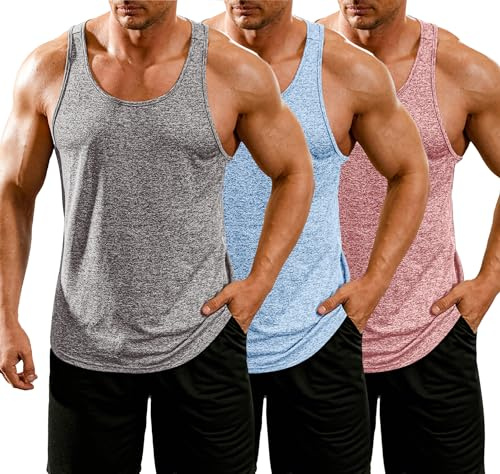COOFANDY Tank Top Herren 3er Pack Sport Unterhemden Herren Gym Unterhemd Tanktop Sommer Muskelshirt Fitness Fashion Lockeres Laufshirt Mittelgrau/Hellblau/Rosa L