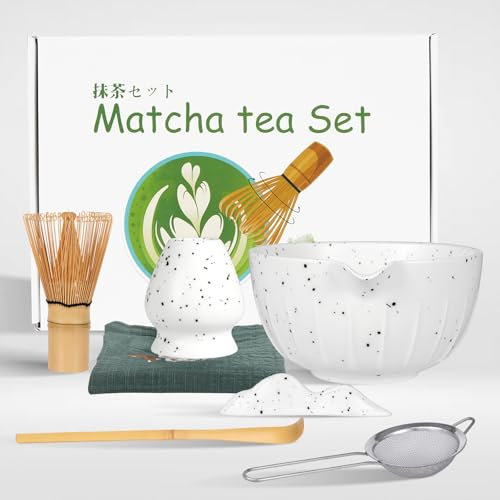 Zanfqvo Te Matcha Kit - Matcha Set 7 Piezas con Batidor te Matcha, Cucharas de Matcha, Porta Batidor y Cuenco te Matcha - Accesorio de Ceremonia de Matcha Japonés (Blanco)