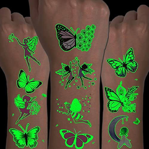 CHARLENT Tatuaggi Luminosi a Tema Farfalla per Bambini - 14 Fogli di Tatuaggi Temporanei che Brillano al Buio a Tema Farfalle e Fate per Feste di Compleanno per Ragazze