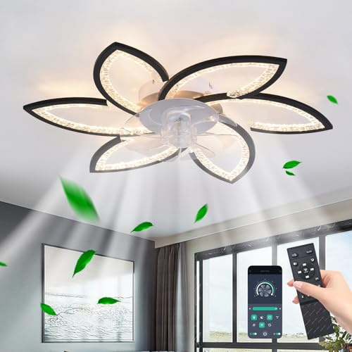 JIINOO Ventilador de Techo con Luz LED, Diseño Floral 78cm Negro, Mando | Moderna Lámpara Ventilador de Techo, LED Regulable 3000K-6500K, Motor Silencioso DC Reversible, 6 Velocidades para Dormitorio