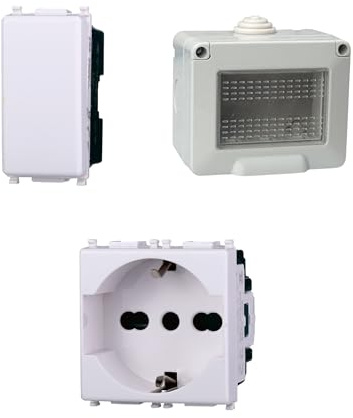 Kit Scatola Elettrica IP55, Completa Di Frutti Compatibile Con Vimar Plana, 3 Moduli Presa Schuko P40 10/16A + Interruttore, Contenitore Con Coperchio, Da Muro Parete Esterno e Interno