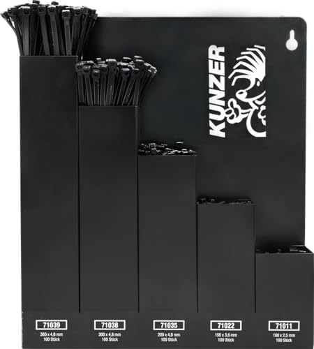 Kunzer 7KBS500 Kabelbindersortiment 500 Stück mit Wandhalter aus Stahl schwarz lackiert - 5 Längen 10, 15, 20, 30, 36 cm