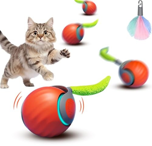SORNEICDR Pelota de Juguete para Gatos Eléctrica Multifuncional, Pelota de Juguetes interactivos para Gatos domésticos, 2 Modos de Funcionamiento, con Cola Reemplazable (Naranja)