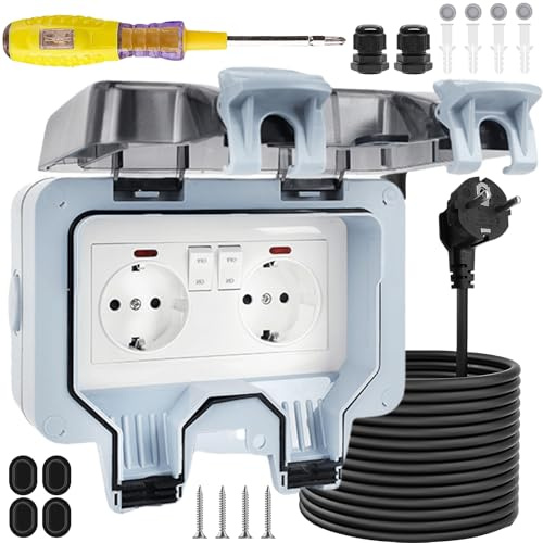 Aussensteckdose Wasserdicht Ip66, Outdoor Doppelsteckdose Mit Schalter Kontrollleuchte, 5m Außensteckdose Steckdose, Wandsteckdose Gartensteckdose Für Garten Küche Garage Wäscherei Außenbereich