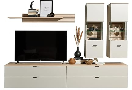 INA Wohnwand 5-teilig mit LED-Beleuchtung in Kaschmir Riva Eiche Optik | 280 x 185 x 44 cm (B/H/T), moderne Schrankwand mit Lamellenoptik, schwarzen Metallgriffen und viel Stauraum