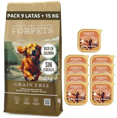 FORPETS Pack Pienso y Comida Húmeda para Perros Grain Free 15KG+9 Latas 300g Ternera y Pollo, Pienso Hipoalergénico sin Cereales, Comida Natural, Alta en Proteína y Nutrientes (15KG + Ternera y Pollo)