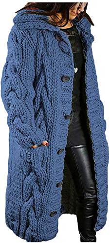 Ladies Open Front Cardigan Plus Size Long Chunky Knitted Cardigan Coats Cable Knit Sweaters Solid Color Lightweight Long Sweater Coats Button Outwear with Pockets Autumn Winter Tops Loungewear Blue