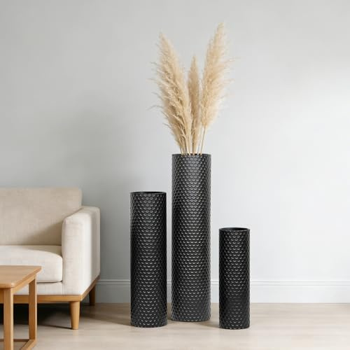 Jarrón de suelo grande, jarrón de metal negro, 70/55/40 cm, juego de jarrones de suelo altos, elegantes jarrones decorativos de 3 modernos con textura de panal de abeja, jarrón grande mate para salón