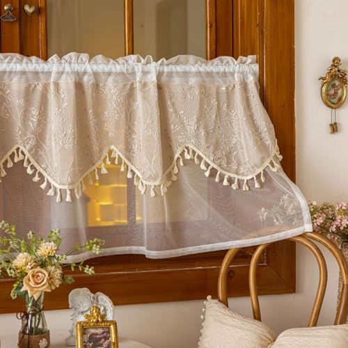 Vordesack Spitze Scheibengardine mit Blumen-Stickerei Muster Doppelschicht Voile Gardine mit Fransen Kurzstore mit Tunnelzug Küchengardine 1 Stück Beige HxB 45x100cm