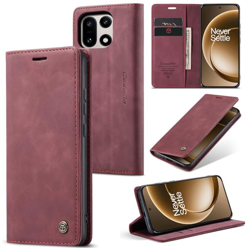 Phernykas Funda para OnePlus 15 Libro Case, Cierre Magnético Función Soporte Bloqueo RFID Proteccion Flip Wallet Carcasa Móvil para OnePlus 15 Funda, Vino Rojo