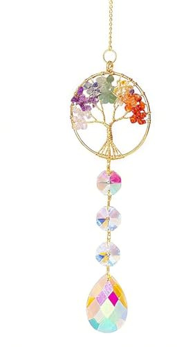 Chakra Crystal Tree of Life Sun Catcher Hanging Ornament, 7 Chakra Natural Gemstone Rainbow Suncatcher for Window Wall Garden, Handmade Spiritual Home Décor Gift for Women Men