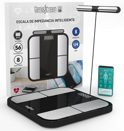 Balance Impédancemètre Connectée Bluetooth Pèse Personne Électronique GeniaScreen SolidTrack en Verre Trempé Max 180Kg - 8 Électrodes 56 Données Corporelles pour Masse Musculaire Graisse IMC