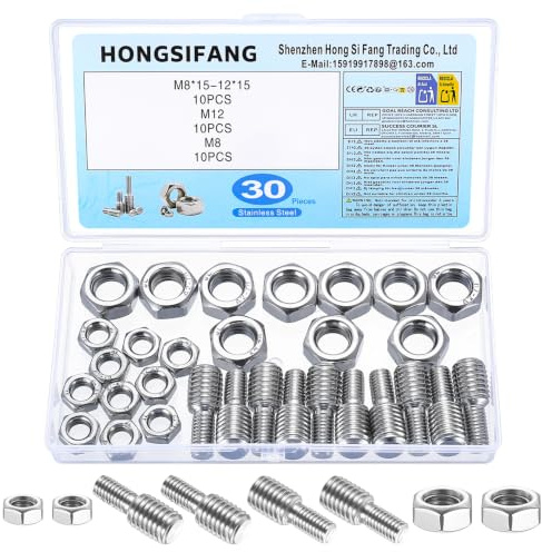 10 Pcs Tornillos Roscados de Doble Extremo, M8x15mm a M12x15mm Tornillos de Doble Cabeza Acero Inox, Varilla Pernos Reductor Adaptador de Rosca para Muebles Herraje, con 10 Tuerca M8, 10 Tuerca M12