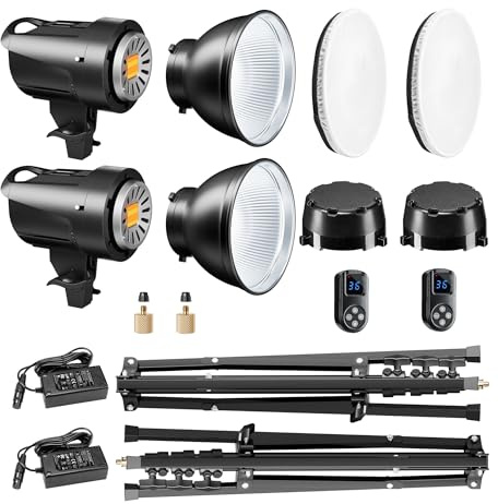 Walimex pro Luci LED Niova 60 Plus + Stativi Set da 2, luci da studio a LED con riflettore Bowens e diffusore morbido più treppiedi per lampade con altezza di lavoro fino a 215 cm