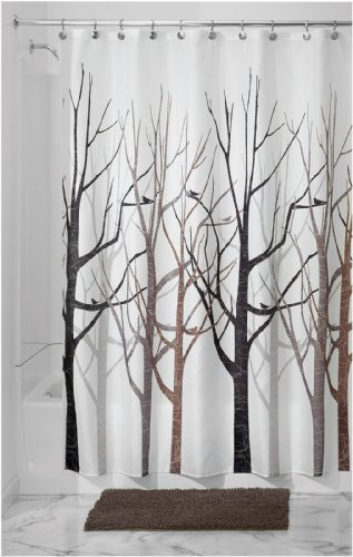 iDesign Forest Cortina de baño de diseño, Preciosa cortina de ducha de 183 x 183 cm, Cortinas para bañera o ducha con dibujo de árboles, Poliéster gris/negro