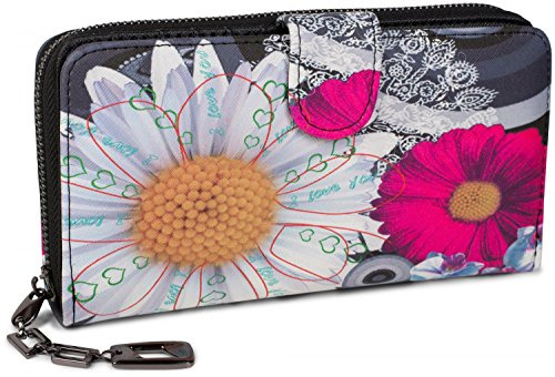 styleBREAKER Billetero de señora con Estampado de Mandalas Florales de Colores, Estilo étnico, Cremallera, Monedero 02040040, Negro-Blanco-Fucsia