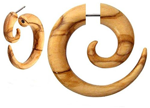Fake Spirale Lobe Piercing Edelstahl Ohrstecker Dehnschnecke Holz Ohrring Dehner | Dehnspirale unisex Frauen Männer | 6mm 8mm Chirurgenstahl Steckverschluss Schraubverschluss Ohr Tribal hellbraun