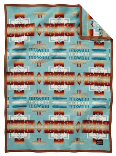Pendleton Chief Joseph Crib Blanket 32 x 44 - Wool Cotton, Lightweight, Reversible, Soft and Durable Baby Blanket for Home and Travel - Aqua