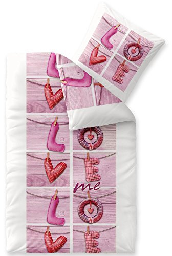 CelinaTex Touchme Biber Bettwäsche 155 x 220 cm 2teilig Baumwolle Bettbezug, Set, Bettgarnitur für Sommer und Winter, ganzjährig, pflegeleicht, Loana Love Herz Wörter weiß pink rosa
