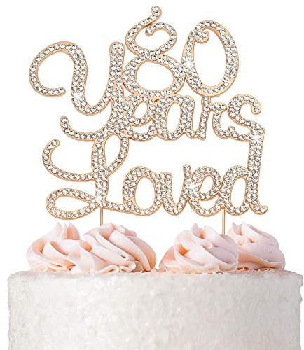 80 Cake Topper - Premium Rose Gold Metal - 80 Years Loved - 80th Birthday Party Sparkly Rhinestone Decoration Makes a Great Centerpiece - Now Protected in a Box