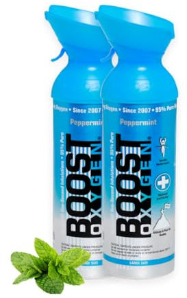Boost Oxygen Sauerstofflasche für Unterwegs mit 95% Sauerstoff - 18L, 2x9L Sauerstoffdose mit Sauerstoffmaske für mehr als 300 Inhalationen - mobiler Sauerstoff Inhalator (Pfefferminz Geschmack)