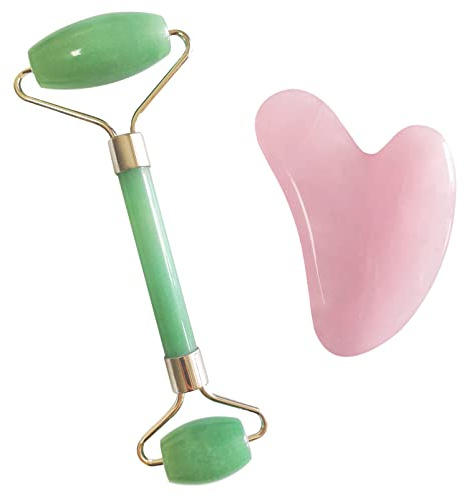 Mina Heal Rosenquarz Gua Sha und Jade Gesichtsroller Set für Facelifting Scraping Anti-Falten Anti-Aging-Haut Detox und Verjüngung