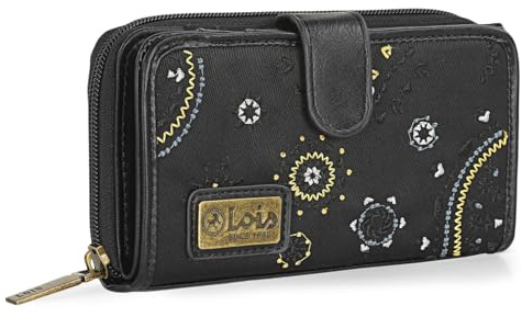Lois - Cartera de Mujer Grande con Cierre Central de Cremallera, Monedero Tarjetero, Piel Eco, Cuero PU y Lona Bordada, Negro, 16 x 9 x 2 cm