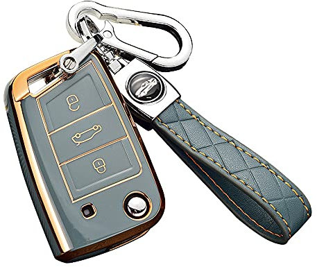 ontto Autoschlüssel Hülle Cover Passt für VW Golf 7 MK7 Polo T-ROC Tiguan Touran Skoda Karoq Superb Seat Ibiza?Zubehör Schlüsselbox Schlüsselhülle Schlüsselanhänger Schlüssel Schutz Etui-Golden Grau